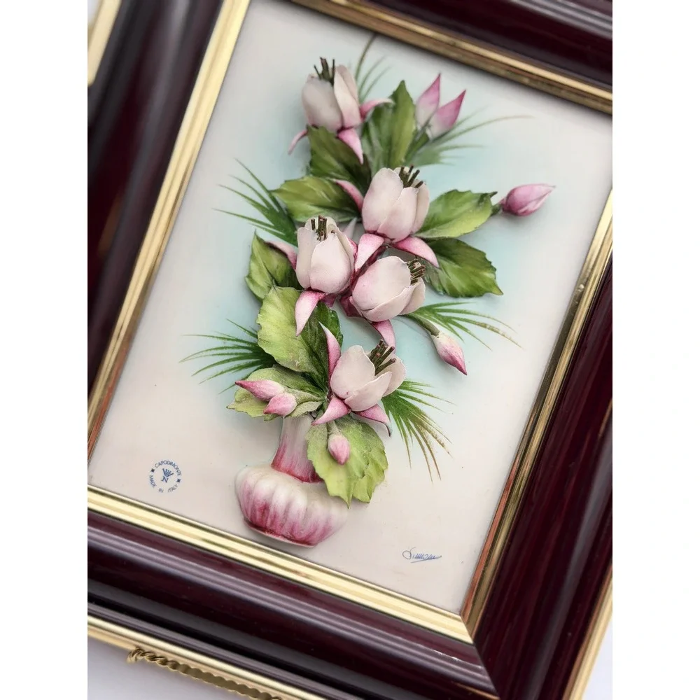 Capodimonte Italy Porcelain 3D Floral Art Framed High Relief Simonetti Signed